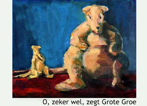 kleine groe en grote groe zitten naast elkaar ; illustratue van Mieke van Zundert