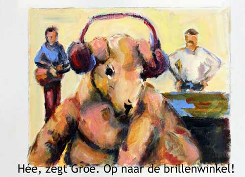 plaatje: Groe heeft een koptelefoon op, om te testen of hij goed hoort, en  achter hem staat een gitarist,