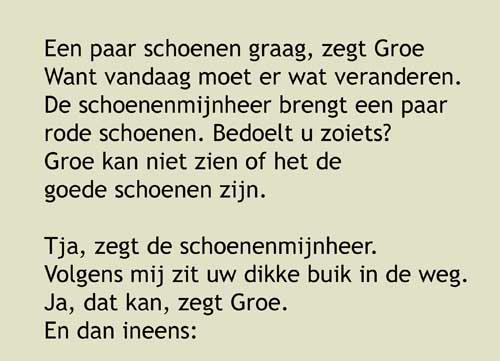 8, Een paar schoenen graag, zegt Groe, Want vandaag moet er wat veranderen. De schoenenmijnheer brengt een paar rode schoenen. Bedoelt u zoiets?Groe kan niet zien of het de goede schoenen zijn.Tja, zegt de schoenenmijnheer.Volgens mij zit uw dikke buik in de weg.Ja dat kan, zegt Groe.En dan ineens: Ja, natuurlijk, dat KAN, roept Groe. Ik weet het!