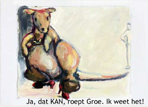 groe past een paar rode schoenen. illustratue van Mieke van Zundert