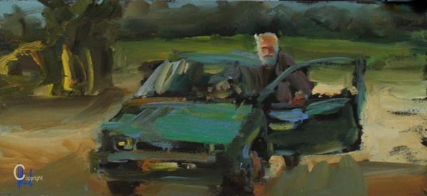 Frans Dam in zijn groene autootje